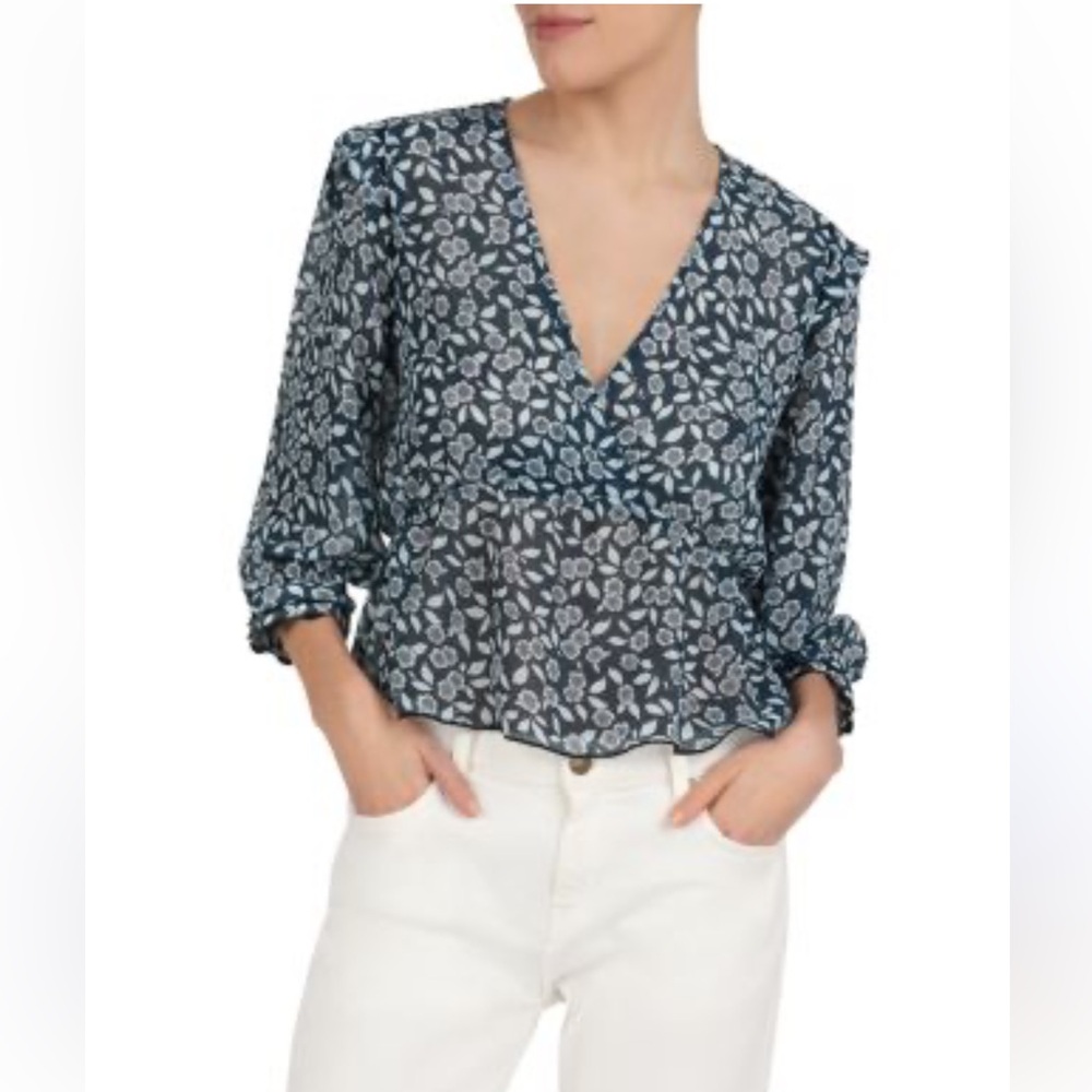 Ba&sh Blanche Floral Peplum Sheer Blouse Blue Peacock Size S - Picture 7 of 8